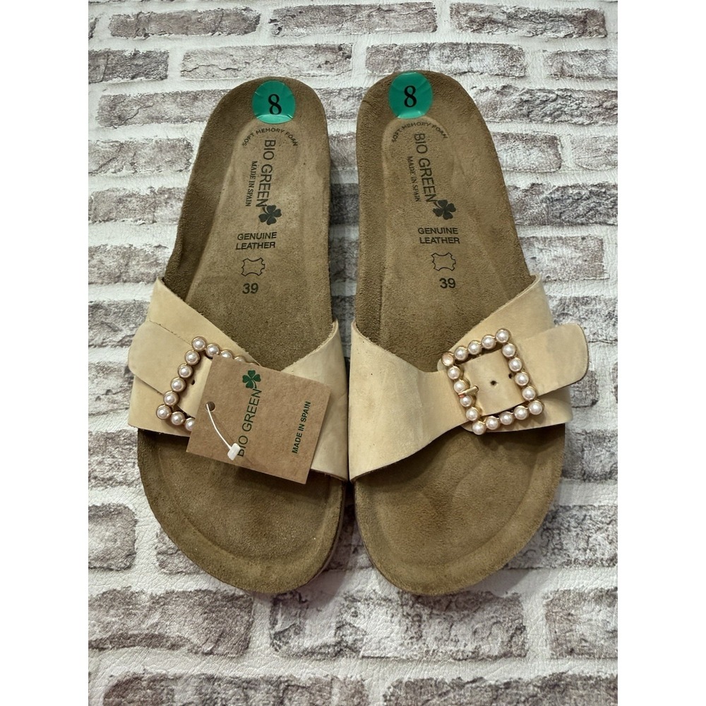 Bio Green Women's Pearl‎ Buckle Leather Sandals 8 39 Spain Slide Coquette NWT